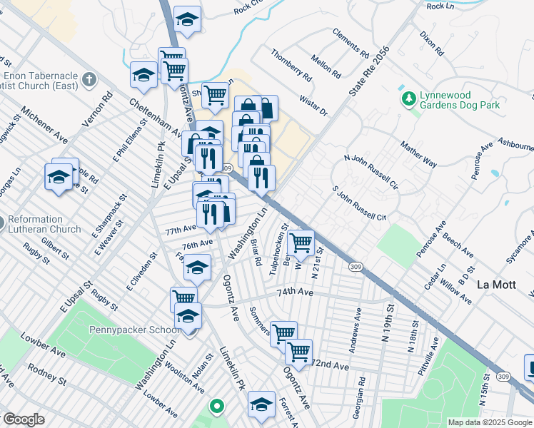 map of restaurants, bars, coffee shops, grocery stores, and more near 2244 East Washington Lane in Philadelphia