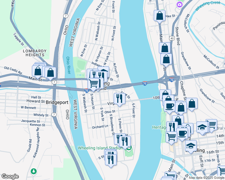 map of restaurants, bars, coffee shops, grocery stores, and more near 4 South Broadway Street in Wheeling