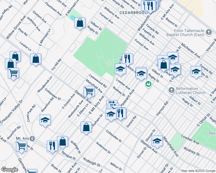 map of restaurants, bars, coffee shops, grocery stores, and more near 8303 Lynnewood Road in Philadelphia