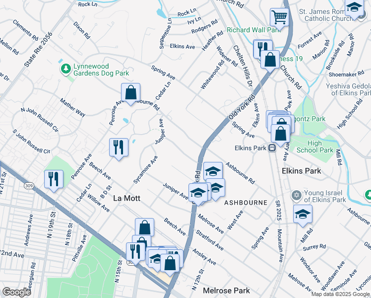 map of restaurants, bars, coffee shops, grocery stores, and more near 625 Stetson Road in Elkins Park
