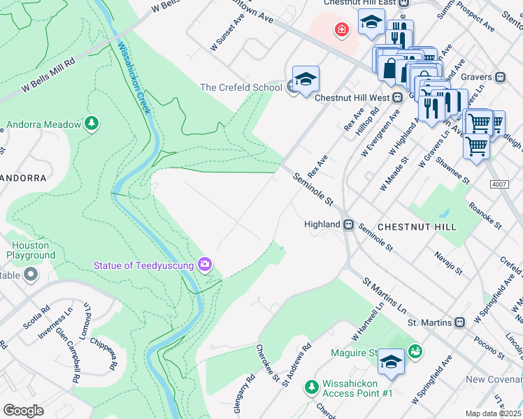 map of restaurants, bars, coffee shops, grocery stores, and more near 452 West Chestnut Hill Avenue in Philadelphia