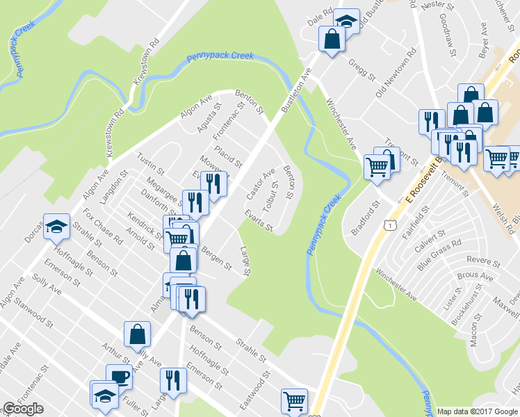 map of restaurants, bars, coffee shops, grocery stores, and more near 8530 Tolbut St in Philadelphia