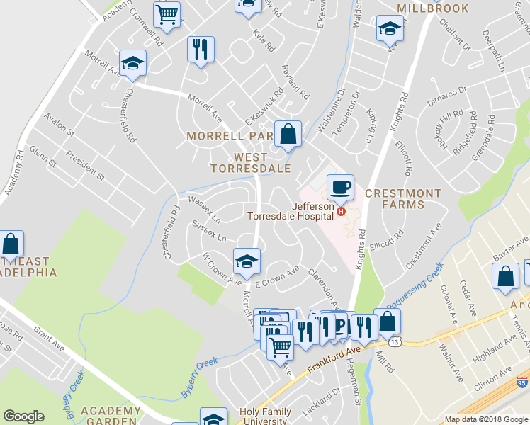 map of restaurants, bars, coffee shops, grocery stores, and more near 3511 Morrell Avenue in Philadelphia