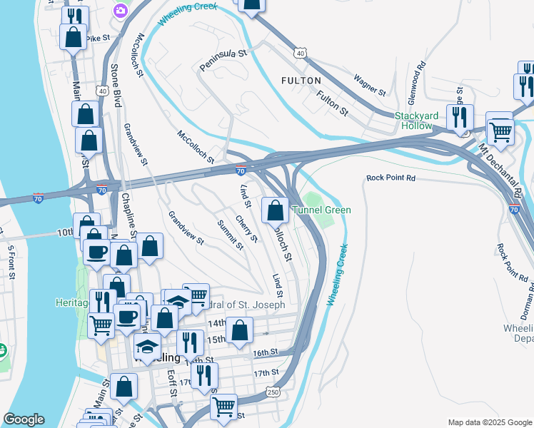 map of restaurants, bars, coffee shops, grocery stores, and more near 1047 McColloch Street in Wheeling
