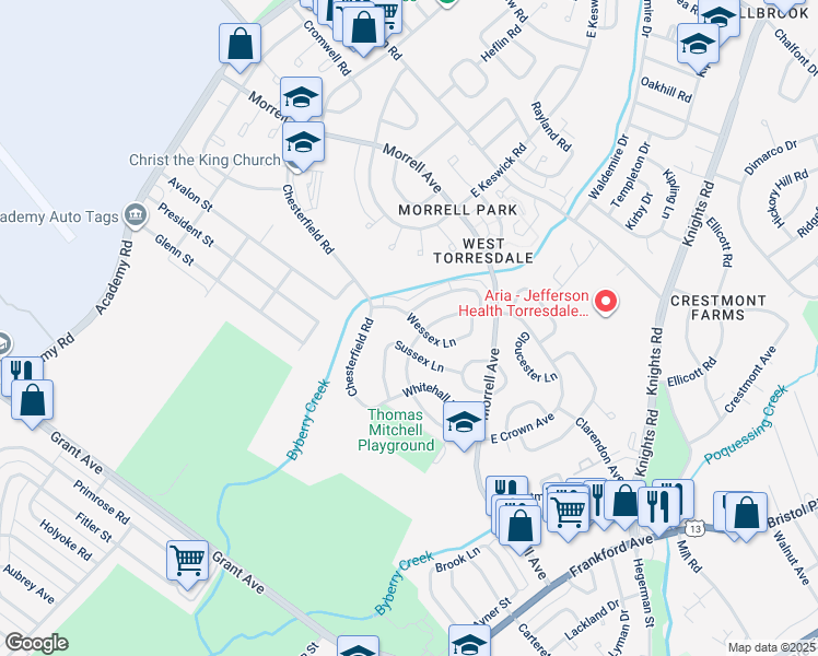 map of restaurants, bars, coffee shops, grocery stores, and more near 3609 Wessex Lane in Philadelphia