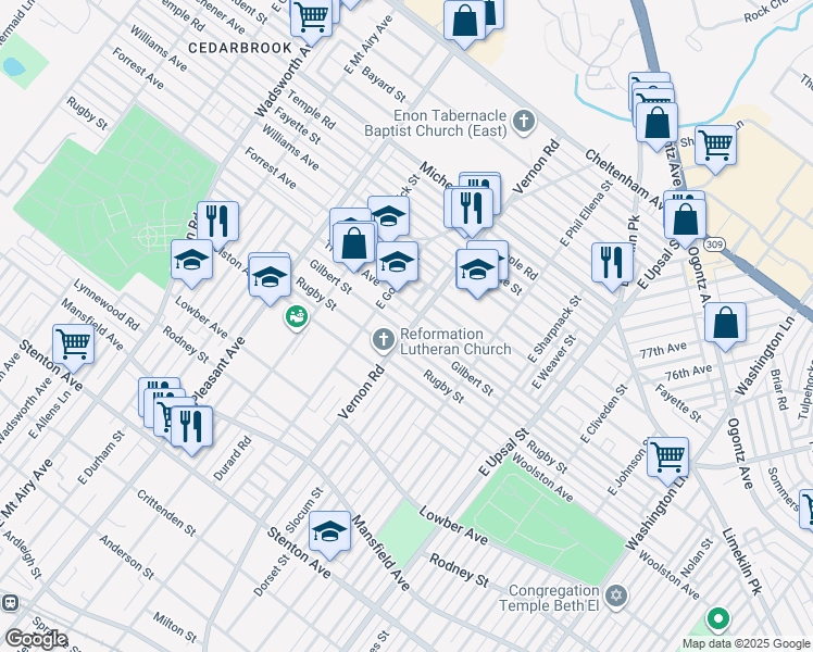 map of restaurants, bars, coffee shops, grocery stores, and more near 8001 Gilbert Street in Philadelphia