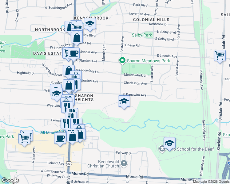 map of restaurants, bars, coffee shops, grocery stores, and more near 214 East Kanawha Avenue in Columbus