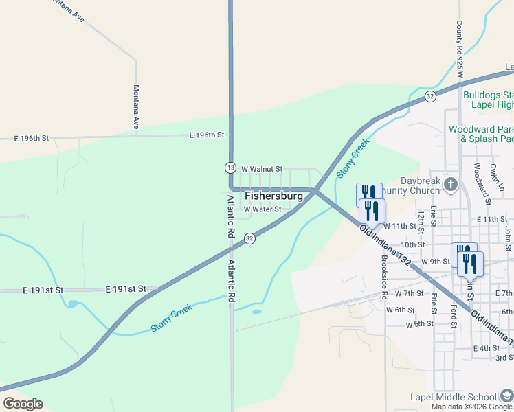 map of restaurants, bars, coffee shops, grocery stores, and more near 9912 West Water Street in Lapel