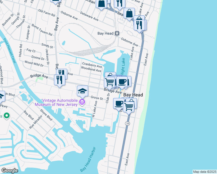 map of restaurants, bars, coffee shops, grocery stores, and more near 96 Bridge Avenue in Bay Head