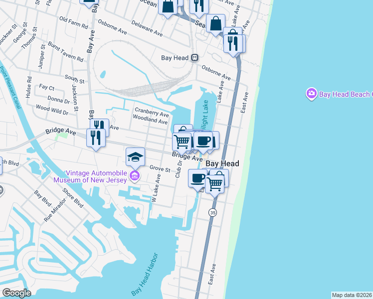map of restaurants, bars, coffee shops, grocery stores, and more near 96 Bridge Avenue in Bay Head
