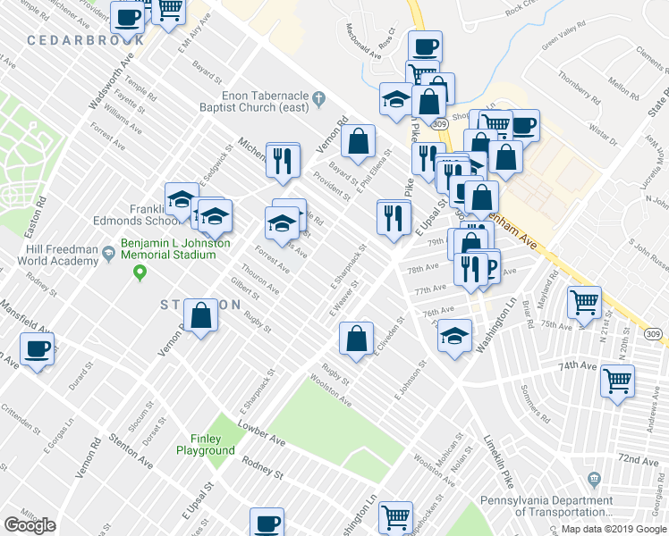 map of restaurants, bars, coffee shops, grocery stores, and more near 7811 Williams Avenue in Philadelphia