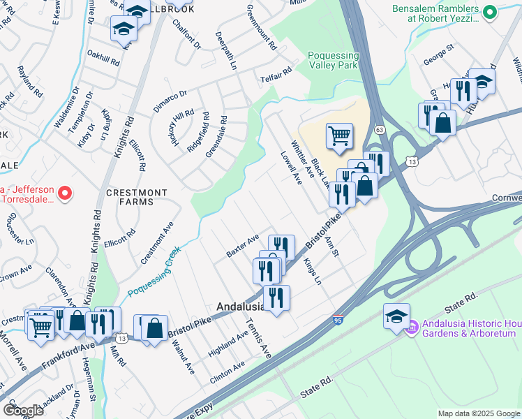 map of restaurants, bars, coffee shops, grocery stores, and more near 1142 Poquessing Avenue in Bensalem