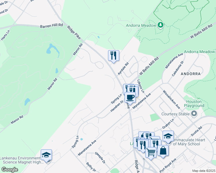 map of restaurants, bars, coffee shops, grocery stores, and more near 9038 Ayrdale Crescent in Philadelphia