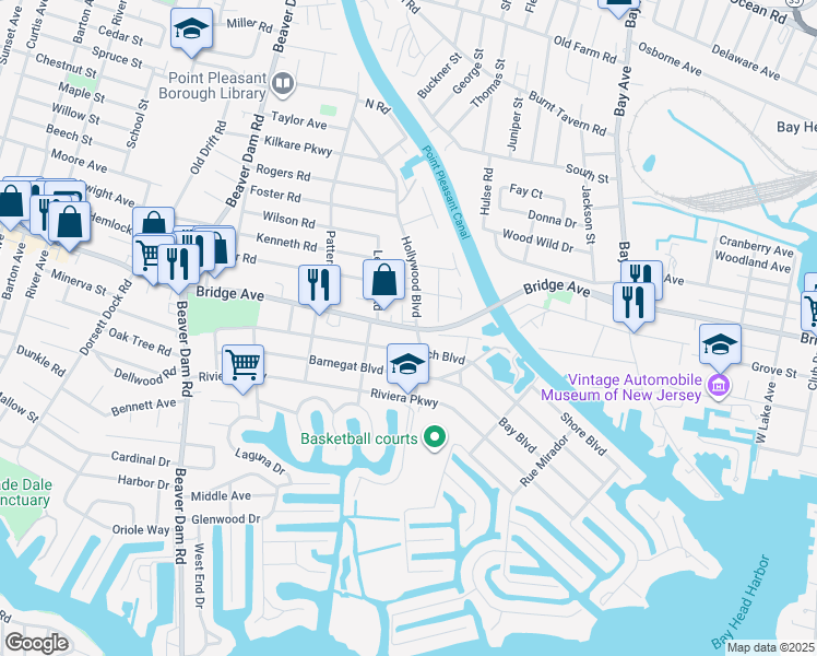 map of restaurants, bars, coffee shops, grocery stores, and more near 2104 Bridge Avenue in Point Pleasant