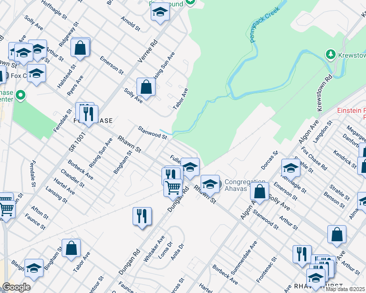 map of restaurants, bars, coffee shops, grocery stores, and more near 1225 Stanwood Street in Philadelphia