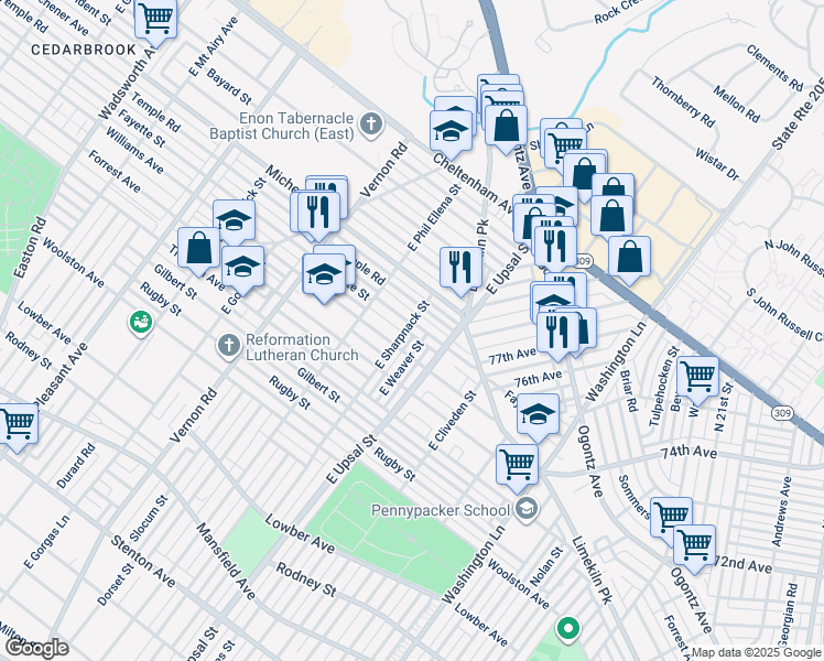 map of restaurants, bars, coffee shops, grocery stores, and more near 7736 Fayette Street in Philadelphia
