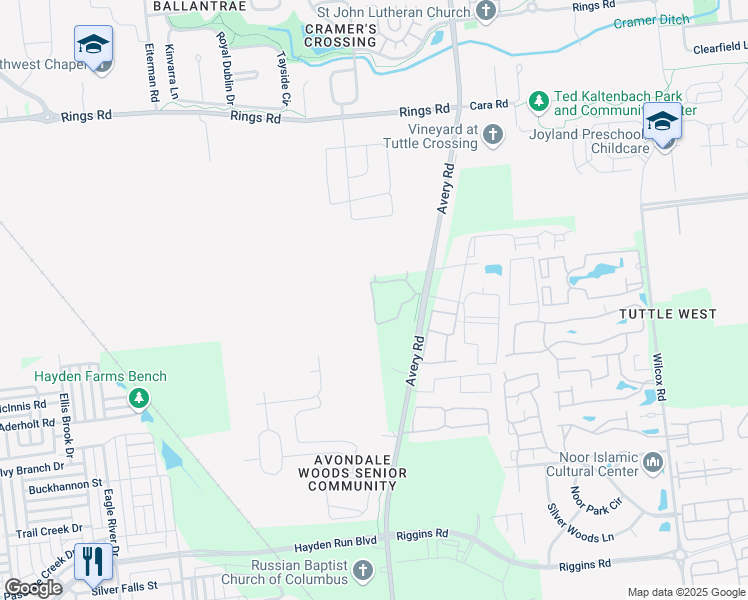 map of restaurants, bars, coffee shops, grocery stores, and more near 5396 Lexi Lane South in Dublin