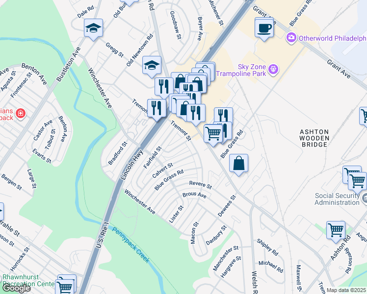 map of restaurants, bars, coffee shops, grocery stores, and more near 8947 Leonard Street in Philadelphia