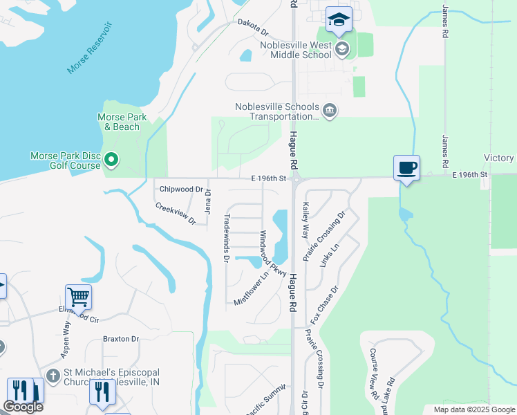 map of restaurants, bars, coffee shops, grocery stores, and more near 19582 Tradewinds Drive in Noblesville