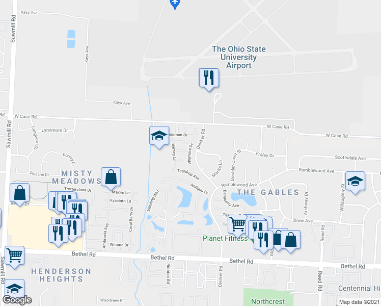 map of restaurants, bars, coffee shops, grocery stores, and more near 5604 Wigmore Drive in Columbus