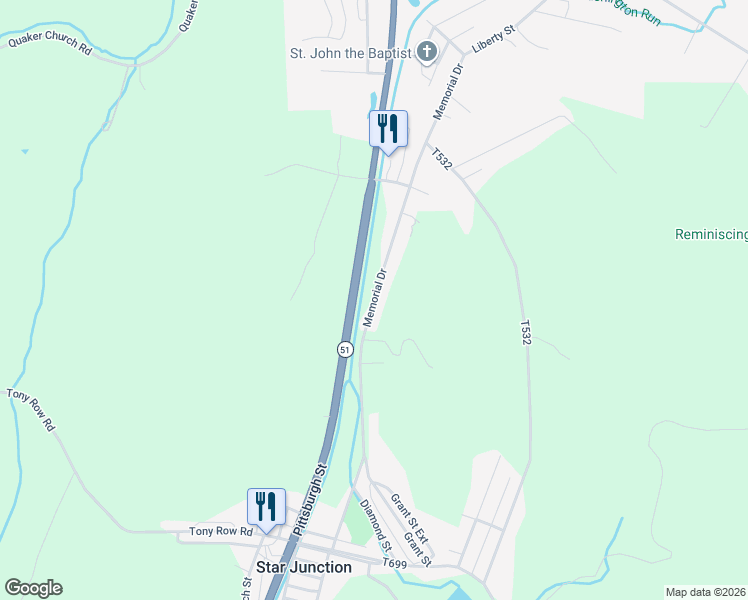 map of restaurants, bars, coffee shops, grocery stores, and more near 102 Old Route 51 in Perryopolis