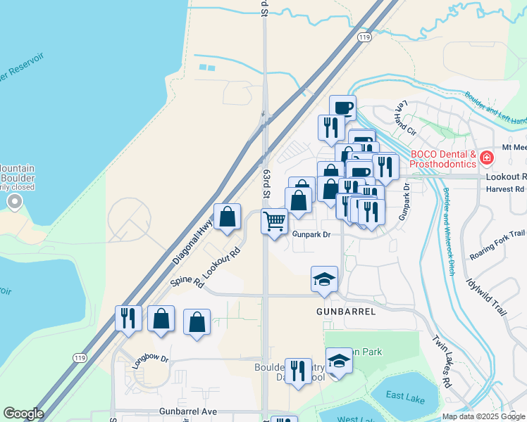 map of restaurants, bars, coffee shops, grocery stores, and more near 5399 63rd Street in Boulder