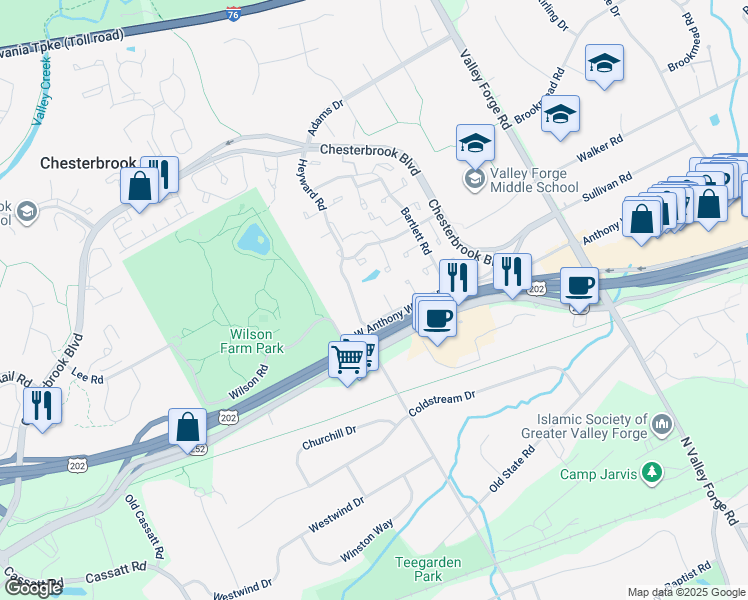 map of restaurants, bars, coffee shops, grocery stores, and more near 82 Le Forge Court in Chesterbrook
