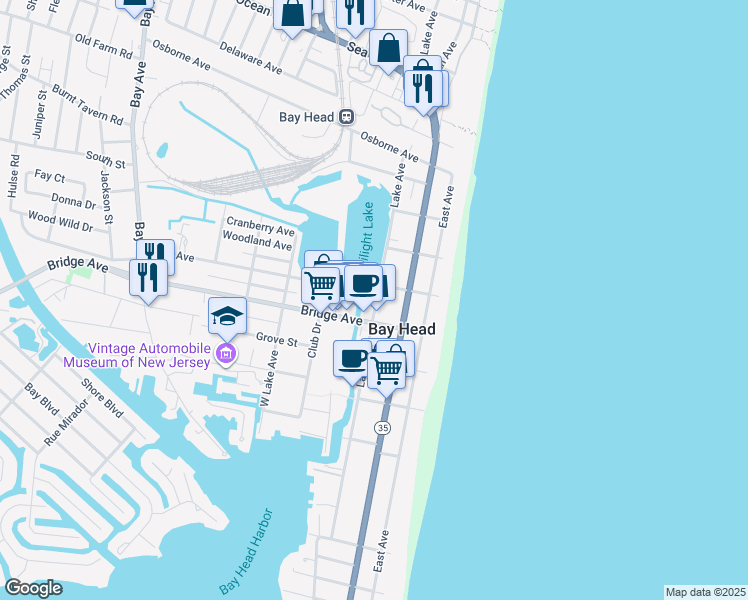map of restaurants, bars, coffee shops, grocery stores, and more near 417 West Lake Avenue in Bay Head