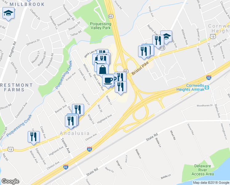 map of restaurants, bars, coffee shops, grocery stores, and more near 1301 Bristol Pike in Bensalem