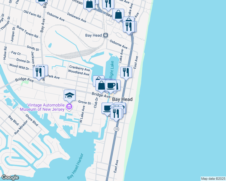 map of restaurants, bars, coffee shops, grocery stores, and more near 417 West Lake Avenue in Bay Head