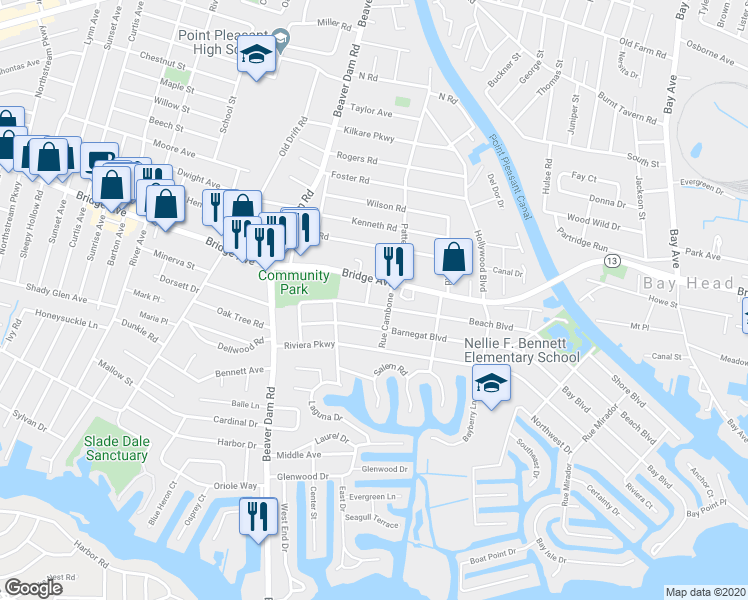 map of restaurants, bars, coffee shops, grocery stores, and more near 2206 Beach Boulevard in Point Pleasant