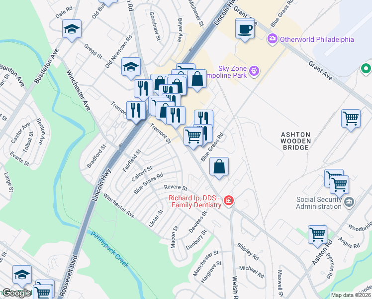 map of restaurants, bars, coffee shops, grocery stores, and more near 2621 Tremont Street in Philadelphia