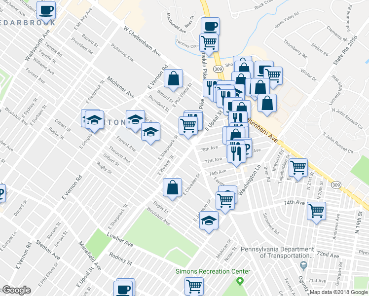 map of restaurants, bars, coffee shops, grocery stores, and more near 7701 Fayette Street in Philadelphia