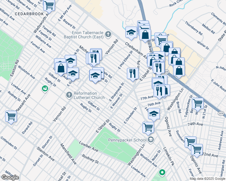 map of restaurants, bars, coffee shops, grocery stores, and more near 7813 Williams Ave in Philadelphia
