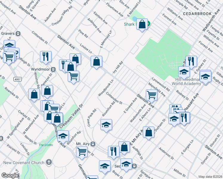 map of restaurants, bars, coffee shops, grocery stores, and more near 501 Murdoch Road in Philadelphia