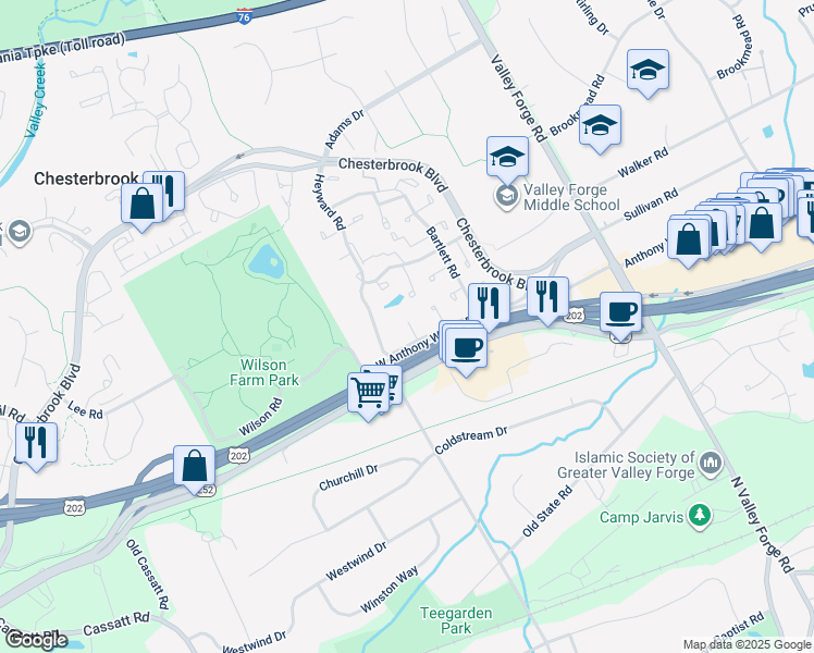 map of restaurants, bars, coffee shops, grocery stores, and more near 82 Le Forge Court in Chesterbrook