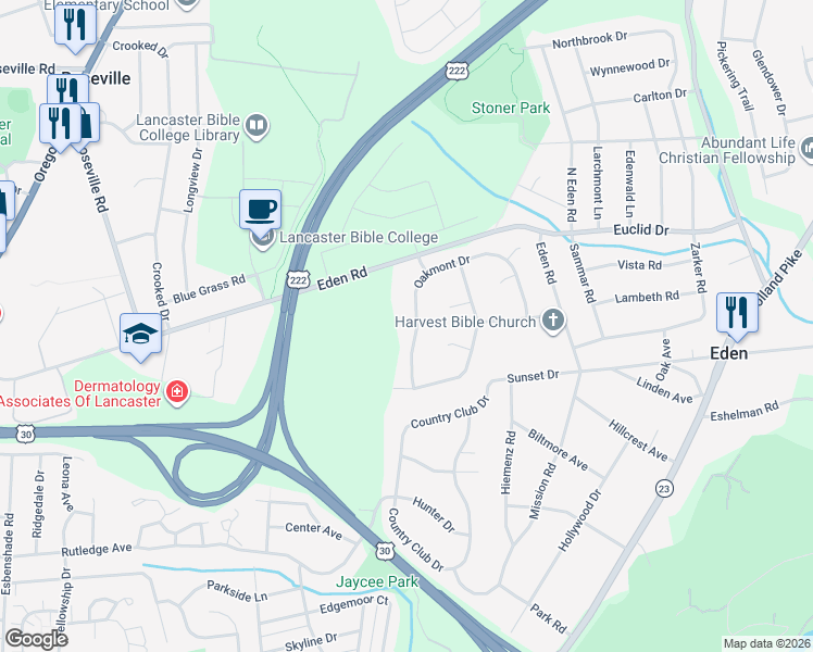 map of restaurants, bars, coffee shops, grocery stores, and more near 1117 Oakmont Drive in Lancaster