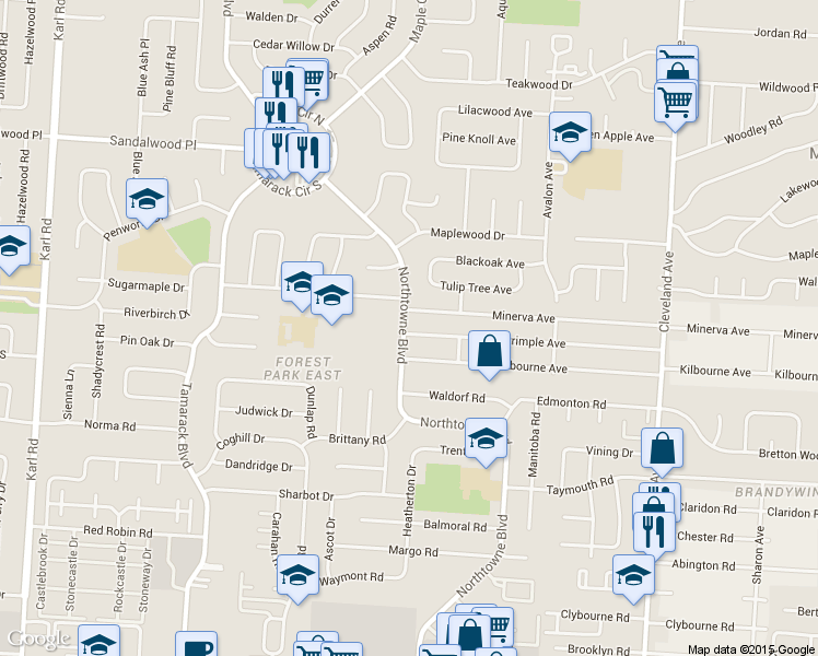 map of restaurants, bars, coffee shops, grocery stores, and more near 4998 Northtowne Boulevard in Columbus