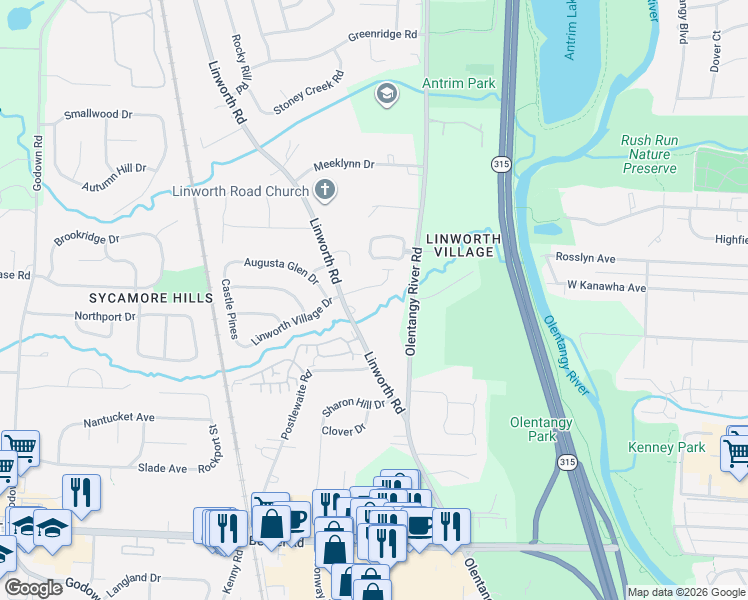 map of restaurants, bars, coffee shops, grocery stores, and more near 5336 Linworth Road in Columbus