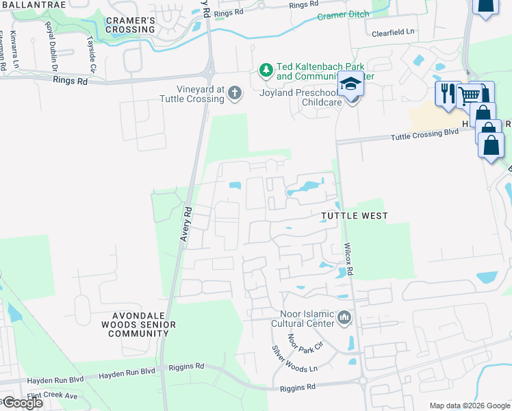 map of restaurants, bars, coffee shops, grocery stores, and more near 5822 Whitebark Pine Trail in Dublin