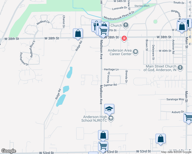map of restaurants, bars, coffee shops, grocery stores, and more near 4301 Madison Avenue in Anderson