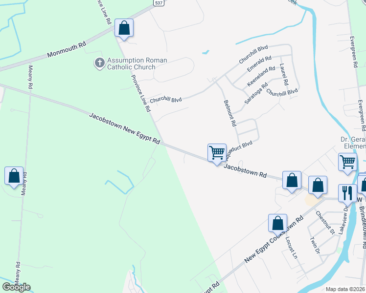 map of restaurants, bars, coffee shops, grocery stores, and more near 99 Jacobstown Road in Plumsted