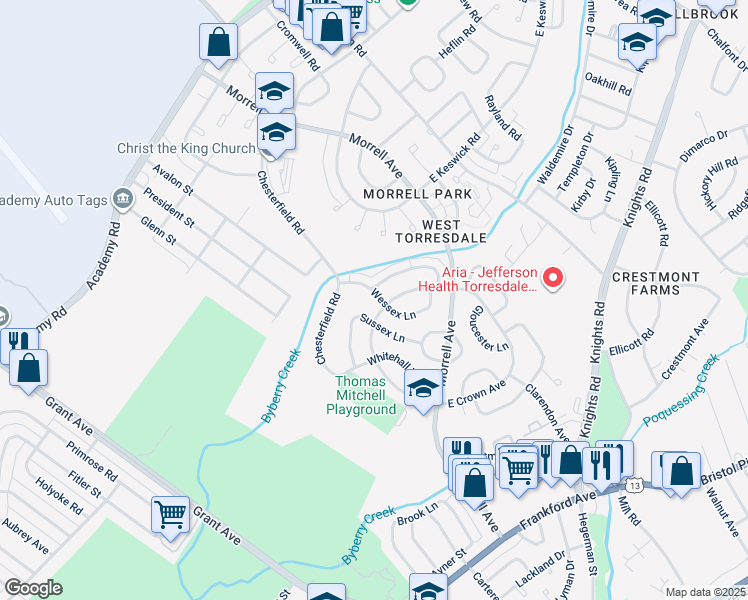 map of restaurants, bars, coffee shops, grocery stores, and more near 3609 Wessex Lane in Philadelphia