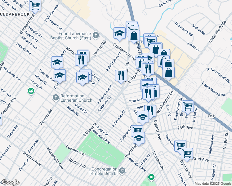 map of restaurants, bars, coffee shops, grocery stores, and more near 7712 Temple Road in Philadelphia