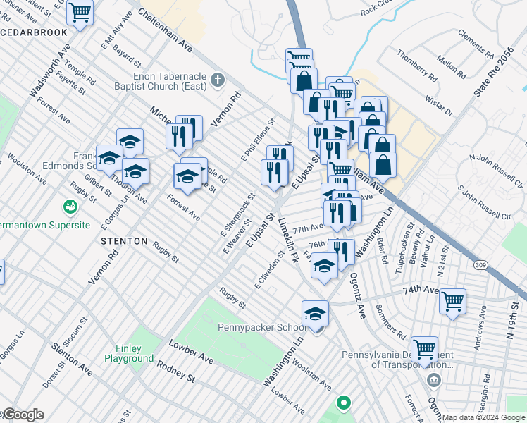 map of restaurants, bars, coffee shops, grocery stores, and more near 7712 Temple Road in Philadelphia