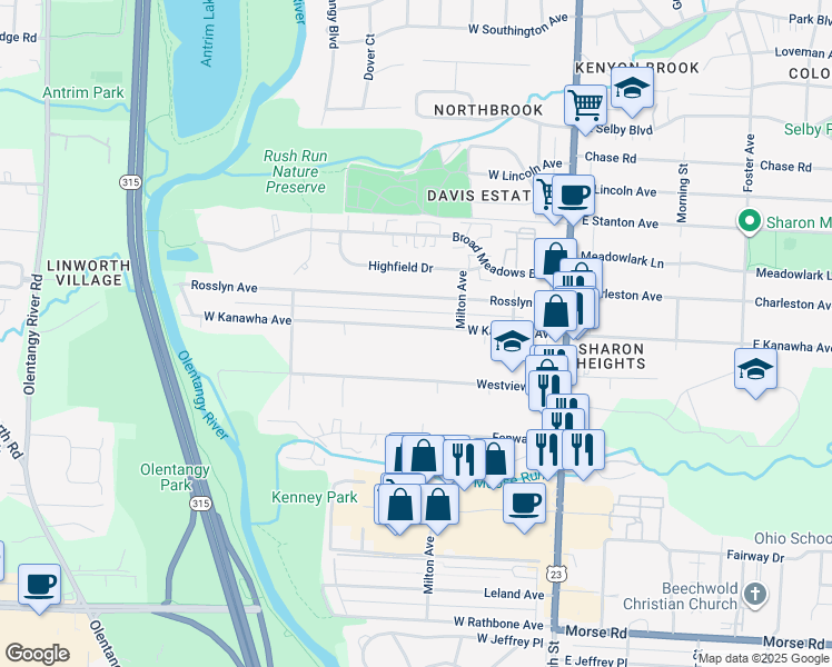 map of restaurants, bars, coffee shops, grocery stores, and more near 213 West Kanawha Avenue in Columbus