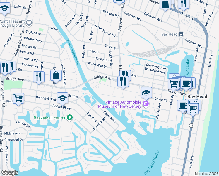 map of restaurants, bars, coffee shops, grocery stores, and more near 716 Howe Street in Point Pleasant