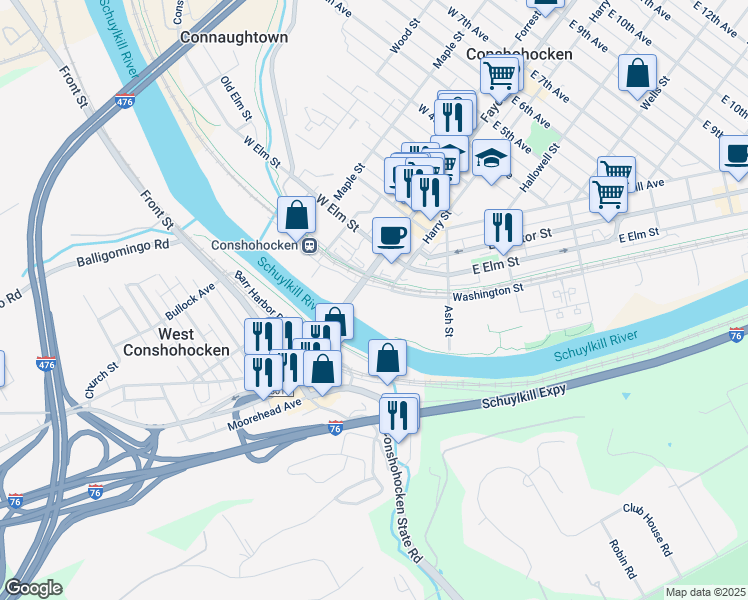 map of restaurants, bars, coffee shops, grocery stores, and more near 161 Washington Street in Conshohocken
