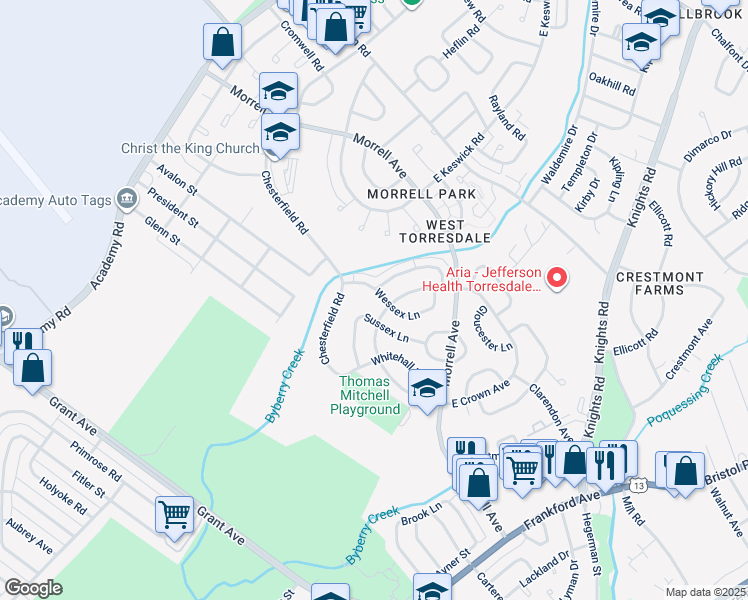 map of restaurants, bars, coffee shops, grocery stores, and more near 3613 Wessex Ln in Philadelphia