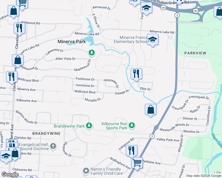 map of restaurants, bars, coffee shops, grocery stores, and more near 3148 Omega Drive in Columbus